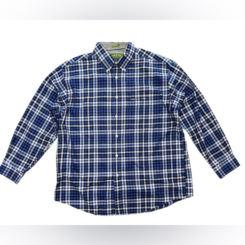 Orvis 100% Cotton Blue Black White Check Plaid Pattern Button Down Shirt Size XL